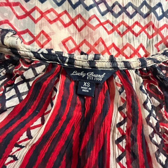 Lucky Brand Womens Boho Print Gauze Split Neck Ruffle Trim Blouse Top XS NWOT - Picture 3 of 8